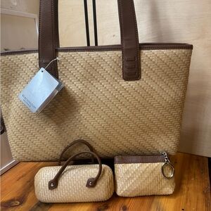 Worthington Natural Straw Tote with Brown Trim and Matching Accessories